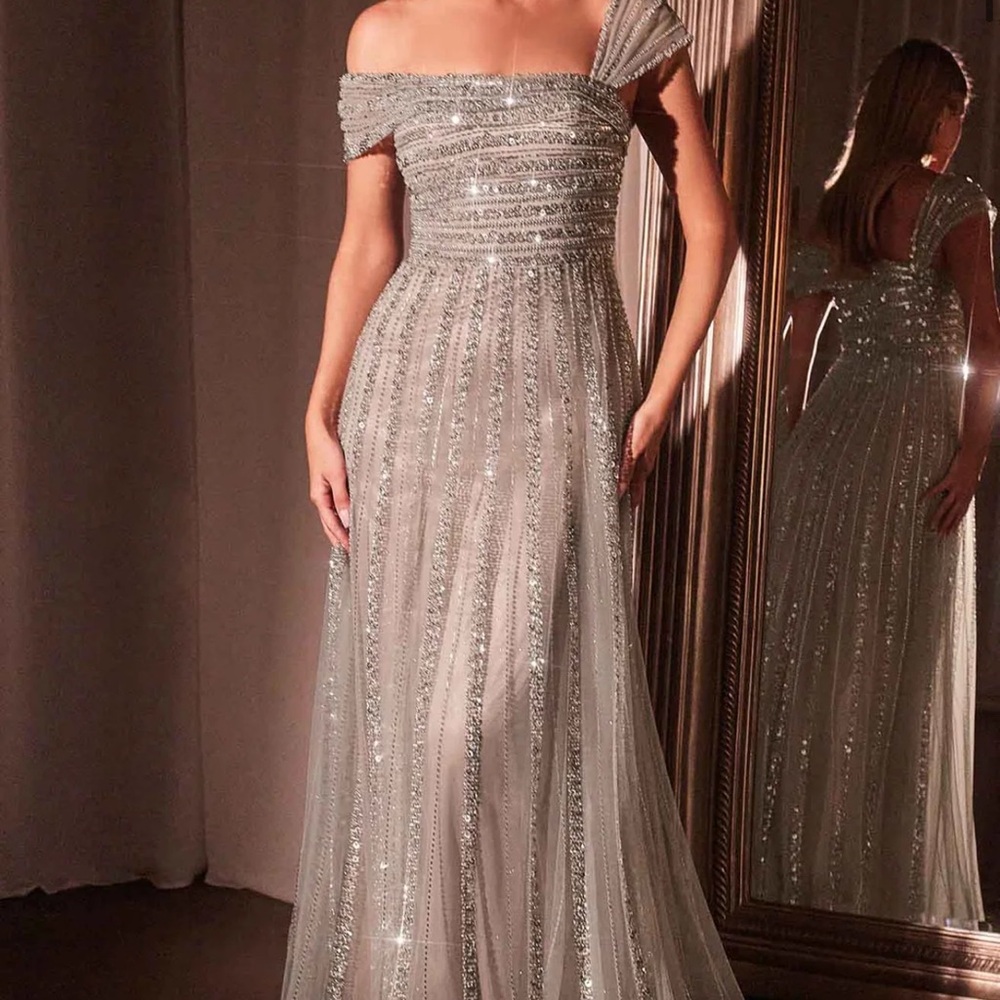 Elegant Silver Off-Shoulder Evening Gown